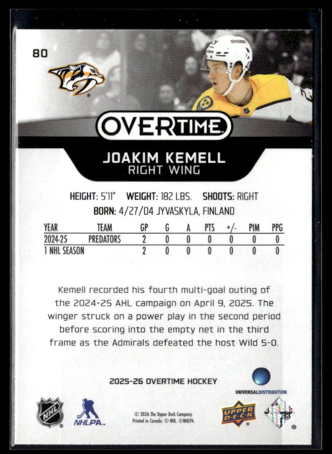2025-26 Upper Deck Overtime Hockey Overtime Rookie #80 Joakim Kemell (2)