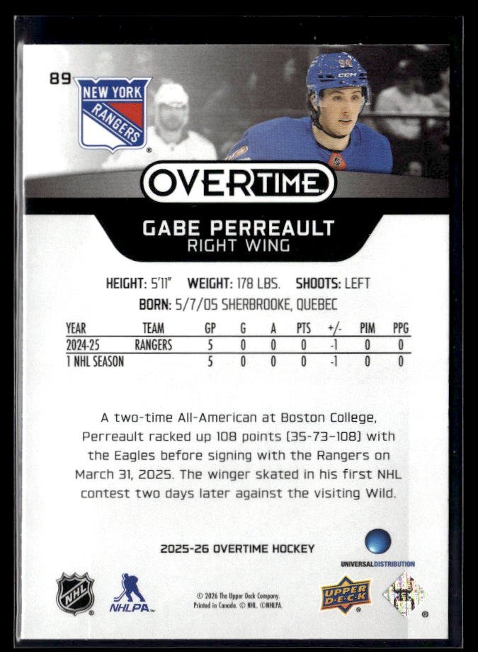 2025-26 Upper Deck Overtime Hockey Overtime Rookie #89 Gabe Perreault (2)