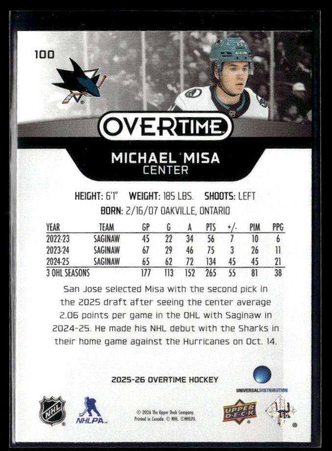 2025-26 Upper Deck Overtime Hockey Overtime Rookie #100 Michael Misa (2)
