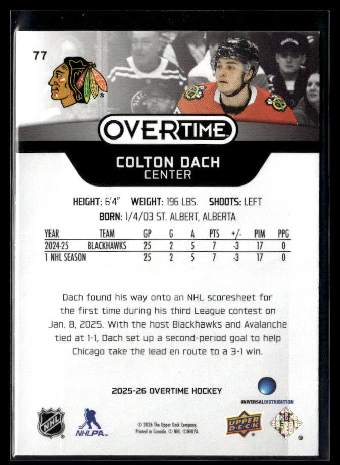 2025-26 Upper Deck Overtime Hockey #77 Colton Dach RC (2)