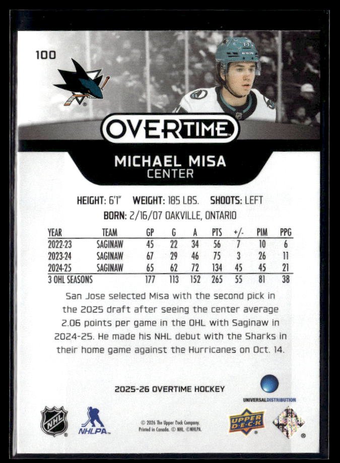 2025-26 Upper Deck Overtime Hockey Rookie #100 Michael Misa (2)