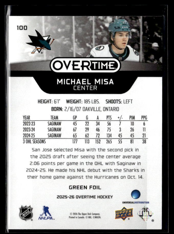 2025-26 Upper Deck Overtime Hockey Green Foil #100 Michael Misa RC /199 (2)