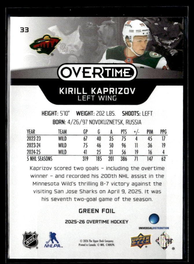 2025-26 Upper Deck Overtime Hockey Green Foil #33 Kirill Kaprizov /199 (2)