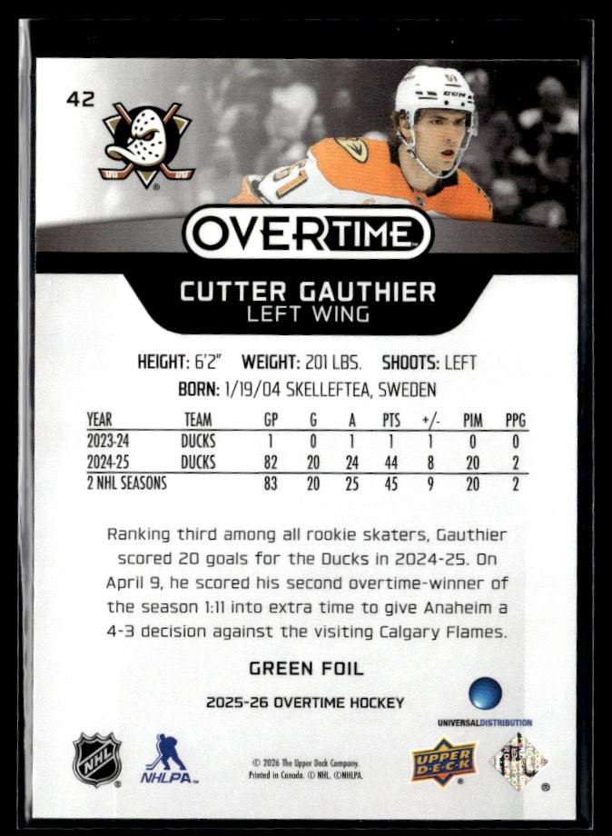 2025-26 Upper Deck Overtime Hockey Green Foil #42 Cutter Gauthier /199 (2)