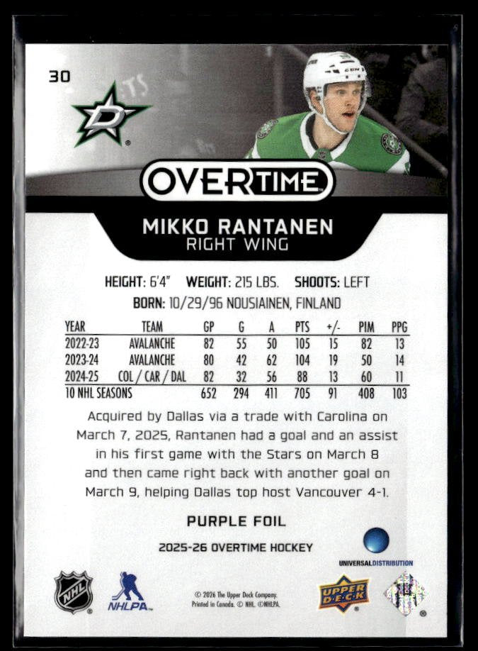 2025-26 Upper Deck Overtime Hockey Purple Foil #30 Mikko Rantanen /25 (2)