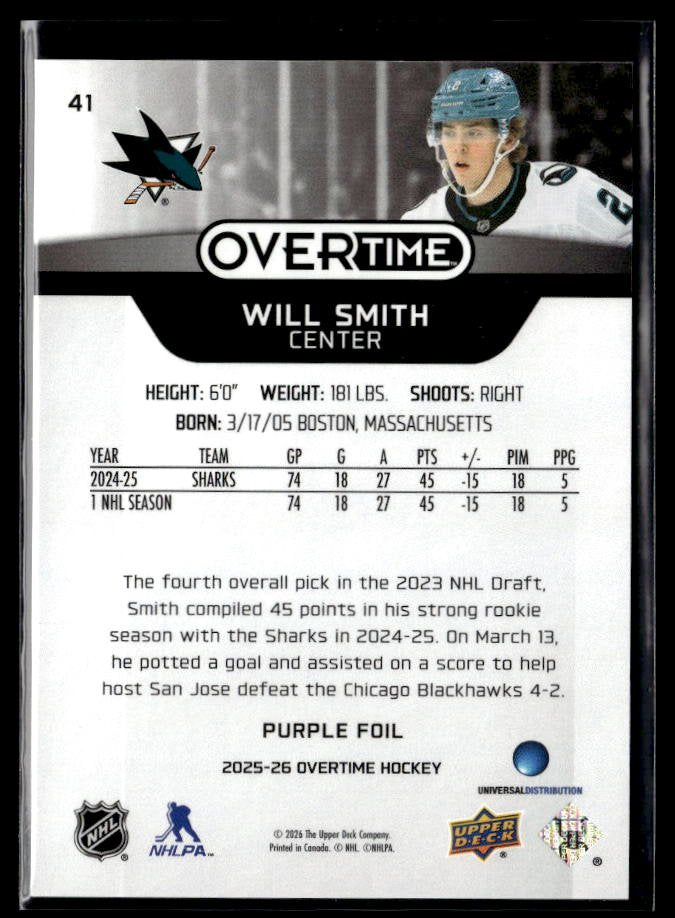 2025-26 Upper Deck Overtime Hockey Purple Foil #41 Will Smith /25 (2)