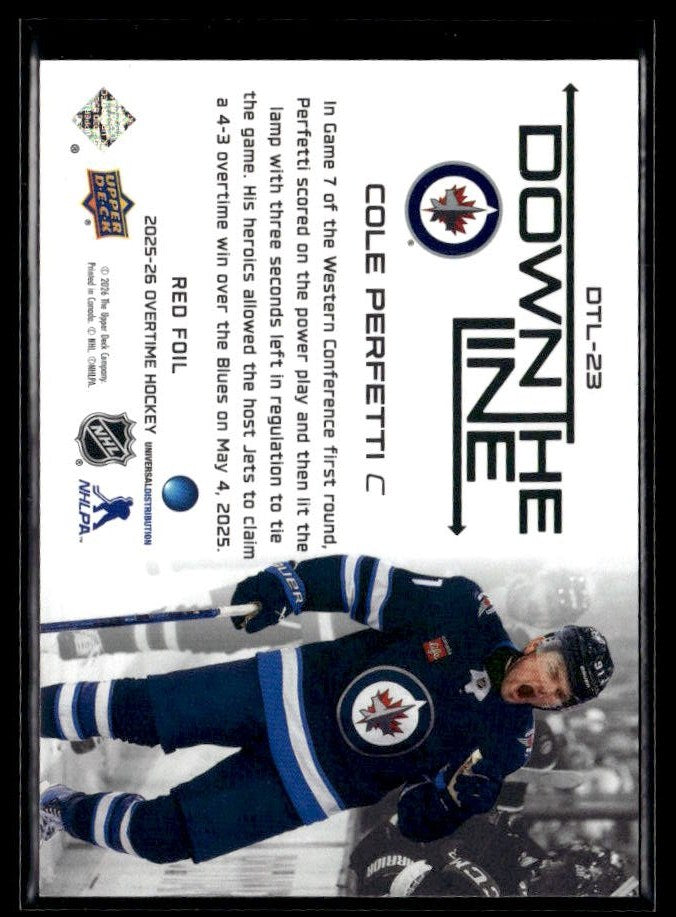 2025-26 UD Overtime Hockey Down the Line Red Foil #DTL-23 Cole Perfetti /99 (2)