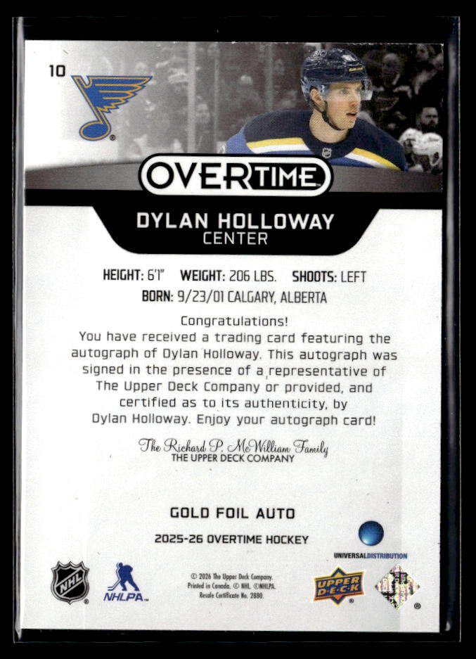 2025-26 Upper Deck Overtime Hockey Gold Foil Auto #10 Dylan Holloway (2)