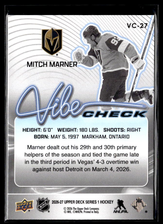 2026-27 Upper Deck Series 1 Hockey Vibe Check #VC-27 Mitch Marner (2)