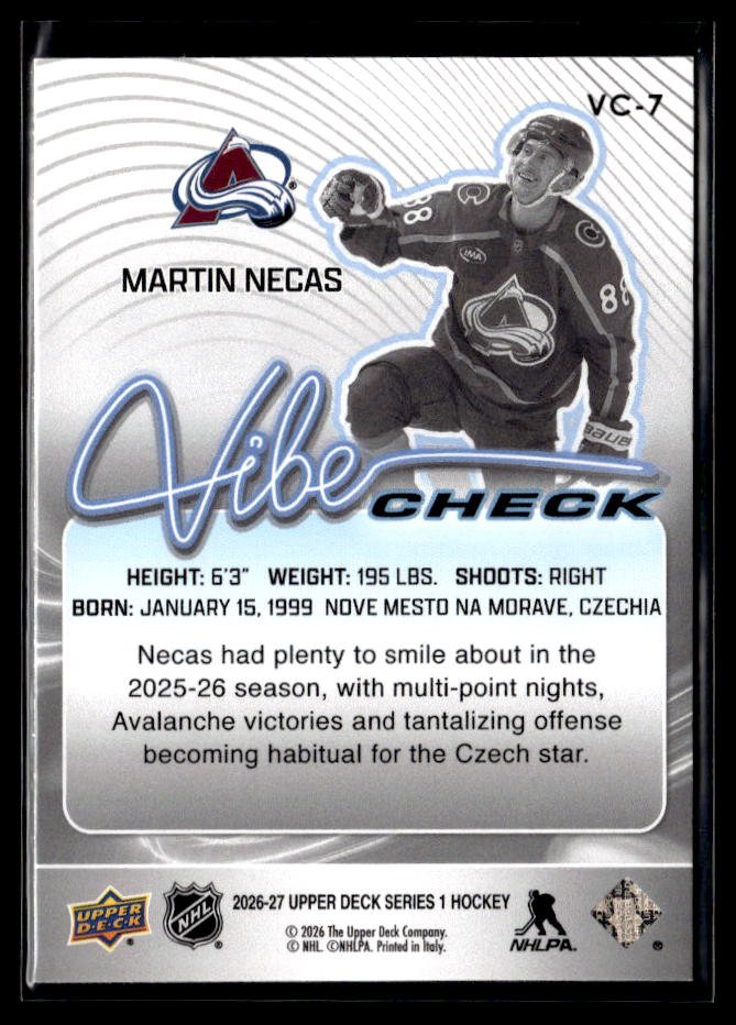 2026-27 Upper Deck Series 1 Hockey Vibe Check #VC-7 Martin Necas (2)