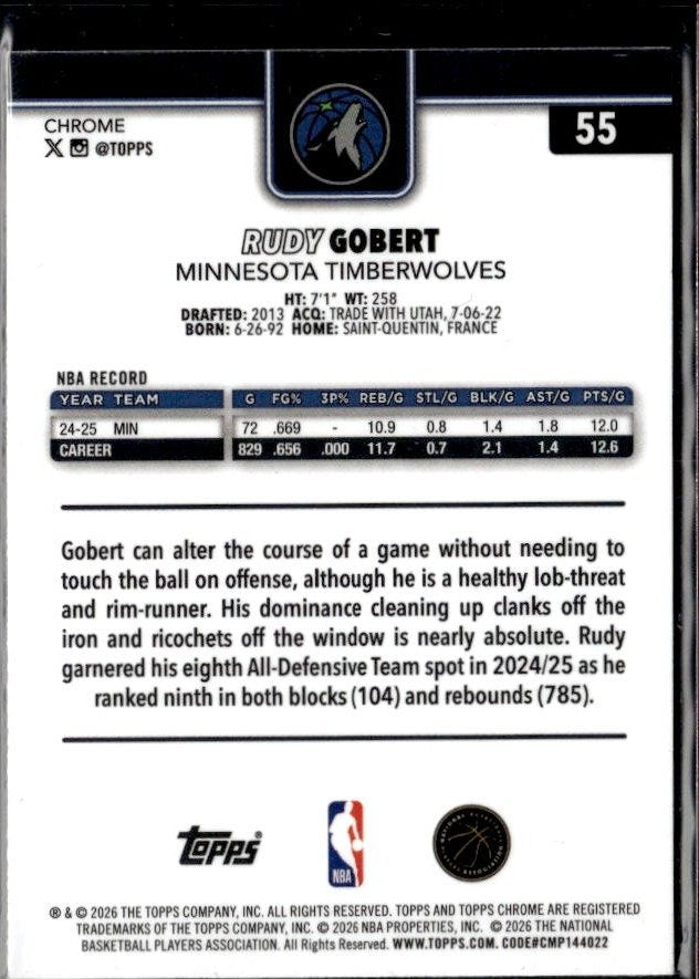 2024-25 Topps Chrome Basketball Red, White and Blue #55 Rudy Gobert (2)