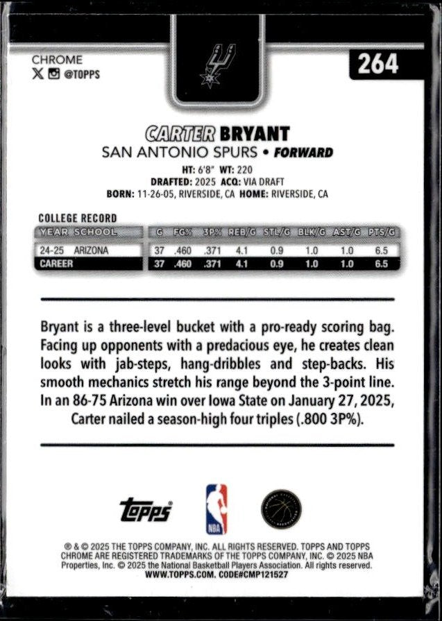 2025 Topps Chrome Basketball Base Rookie #264 Carter Bryant RC (2)