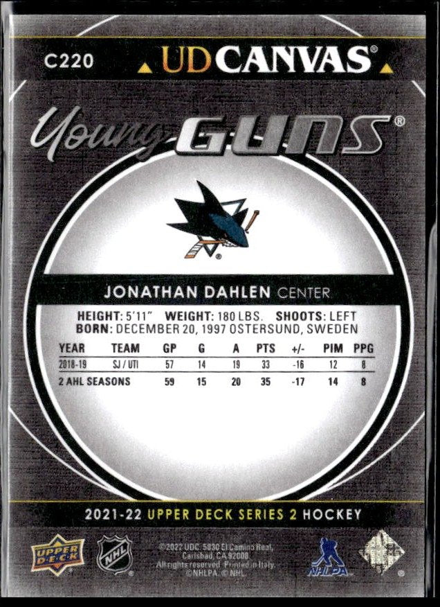 2021-22 Upper Deck Series 2 Hockey Young Guns Black Canvas Jonathan Dahlen (2)
