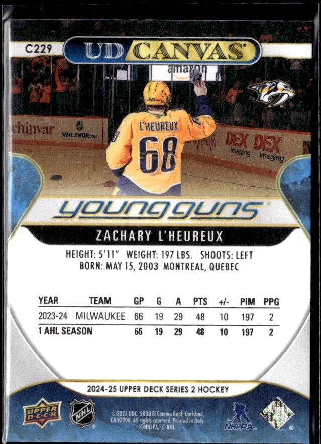 2024-25 Upper Deck Series 2 Hockey UD Canvas Young Guns #C229 Zachary L'Heureux (2)
