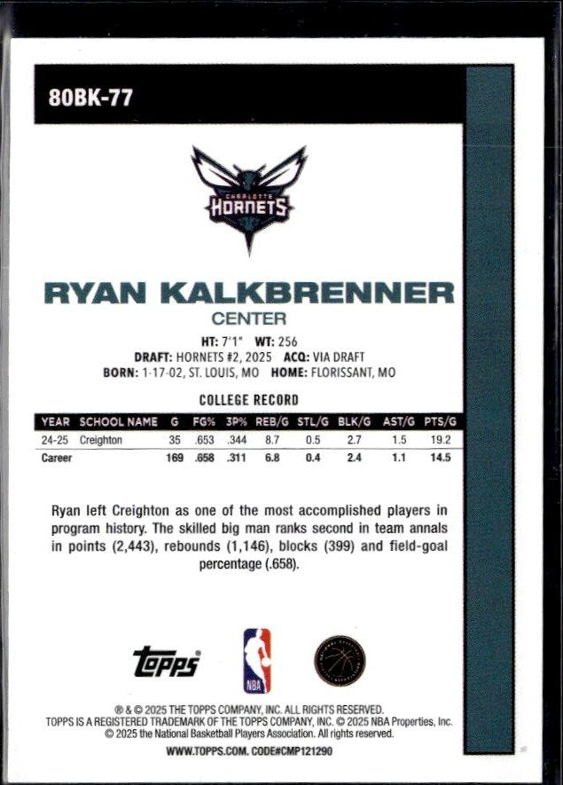 2025-26 Topps Flagship Basketball Anniversary #80BK-77 Ryan Kalkbrenner (2)