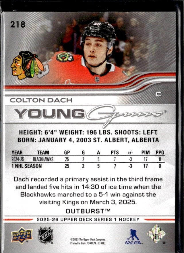 2025-26 Upper Deck Series 1 Hockey Young Guns Outburst #218 Colton Dach (2)