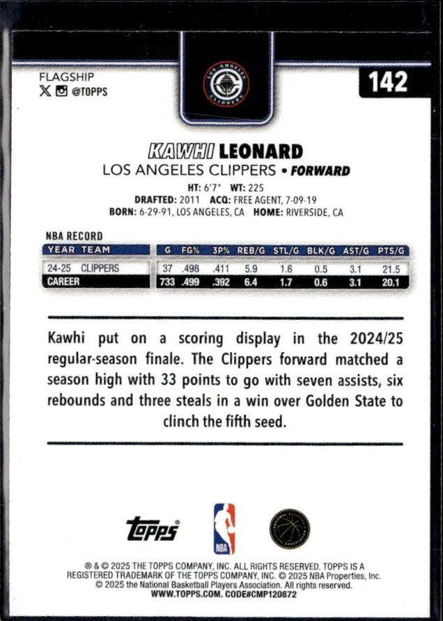 2024-25 Topps Flagship Basketball Tip Off #142 Kawhi Leonard (2)