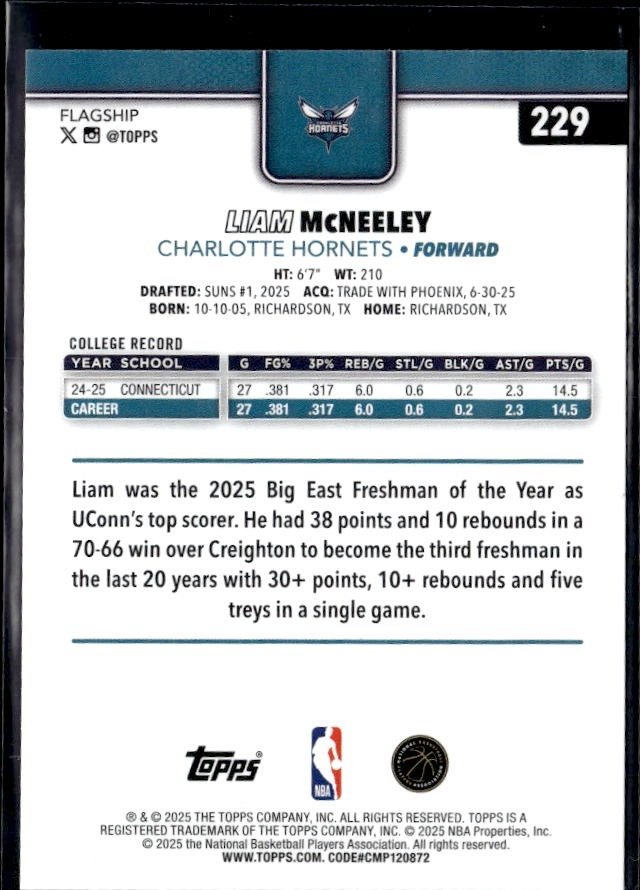 2025-26 Topps Flagship Basketball Rookie Base #229 Liam McNeeley RC (2)