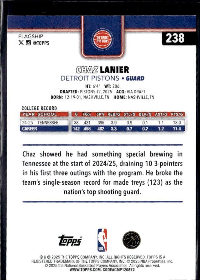 2025-26 Topps Flagship Basketball Base Rookie #238 Chaz Lanier RC (2)