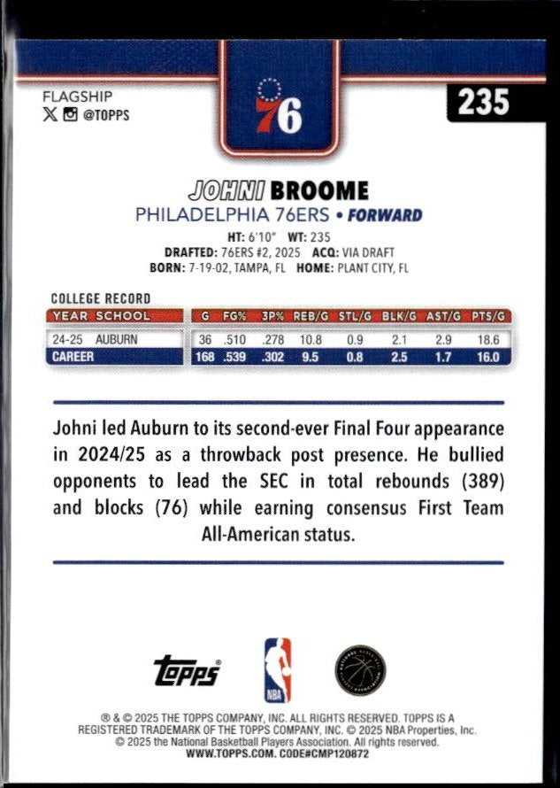 2025-26 Topps Flagship Basketball Base Rookie #235 Johni Broome RC (2)