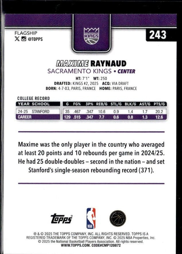 2025-26 Topps Flagship Basketball Rookie Base #243 Maxime Raynaud RC (2)