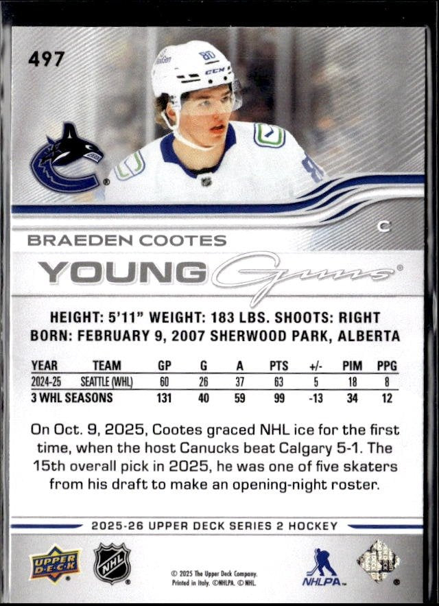 2025-26 Upper Deck Series 2 Hockey Young Guns #497 Braeden Cootes RC (2)