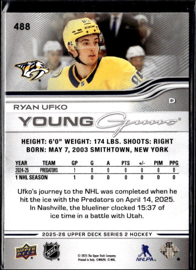 2025-26 Upper Deck Series 2 Hockey Young Guns #488 Ryan Ufko RC (2)