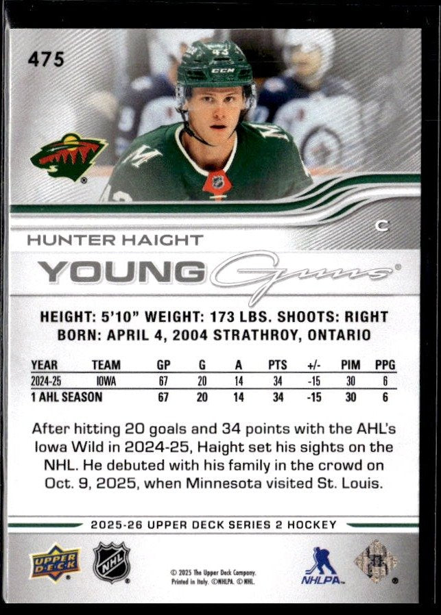 2025-26 Upper Deck Series 2 Hockey Young Guns #475 Hunter Haight RC (2)