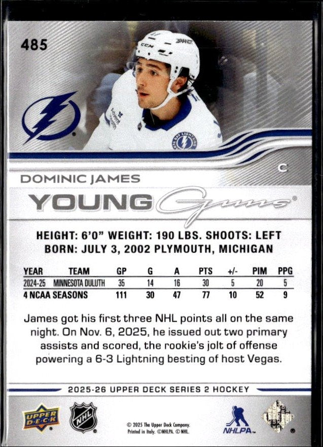 2025-26 Upper Deck Series 2 Hockey Young Guns #485 Dominic James RC (2)