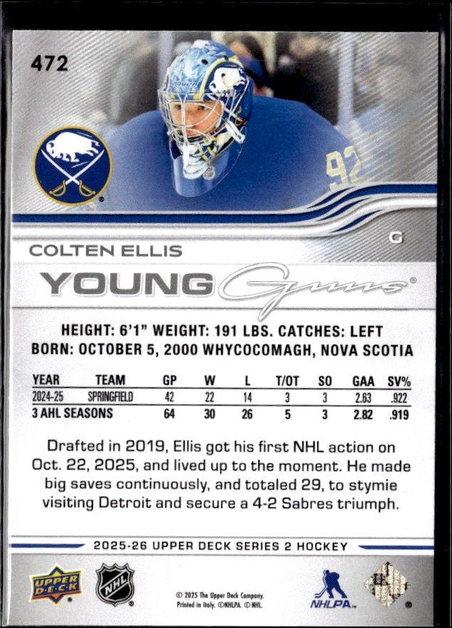 2025-26 Upper Deck Series 2 Hockey Young Guns #472 Colten Ellis RC (2)