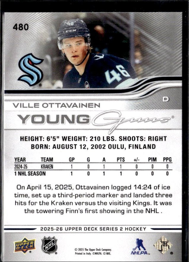 2025-26 Upper Deck Series 2 Hockey Young Guns #480 Ville Ottavainen RC (2)