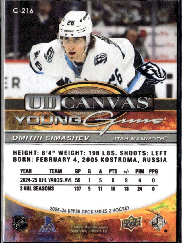 2025-26 Upper Deck Series 2 Hockey Canvas Young Guns Dmitri Simashev RC (2)