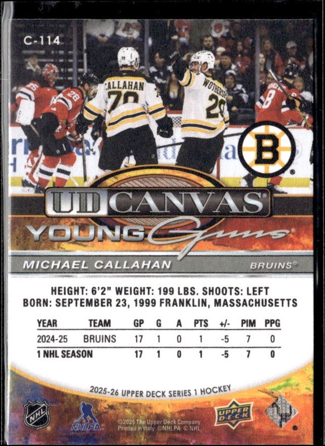 2025-26 Upper Deck Series 1 Hockey UD Canvas Young Guns #C-114 Michael Callahan (2)