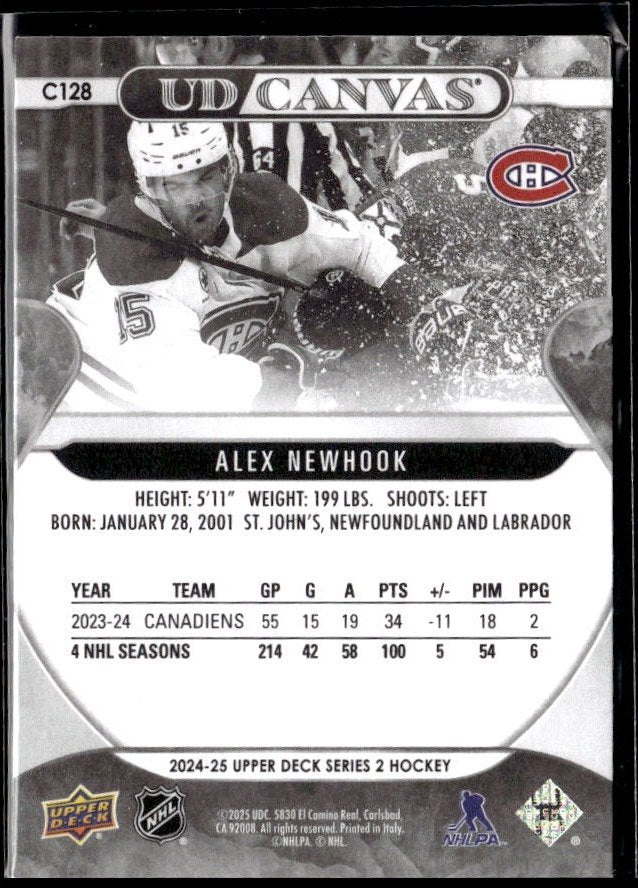 2024-25 Upper Deck Series 2 Hockey Black & White Canvas Alex Newhook (2)