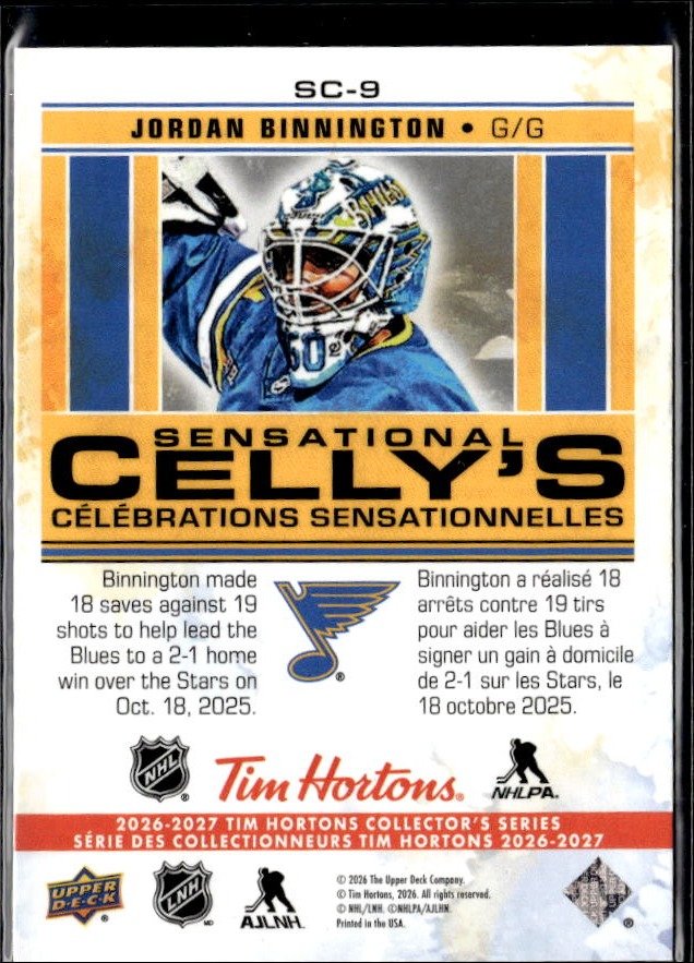 2026-27 UD Tim Hortons Collector's Series Sensational Celly's Jordan Binnington (2)