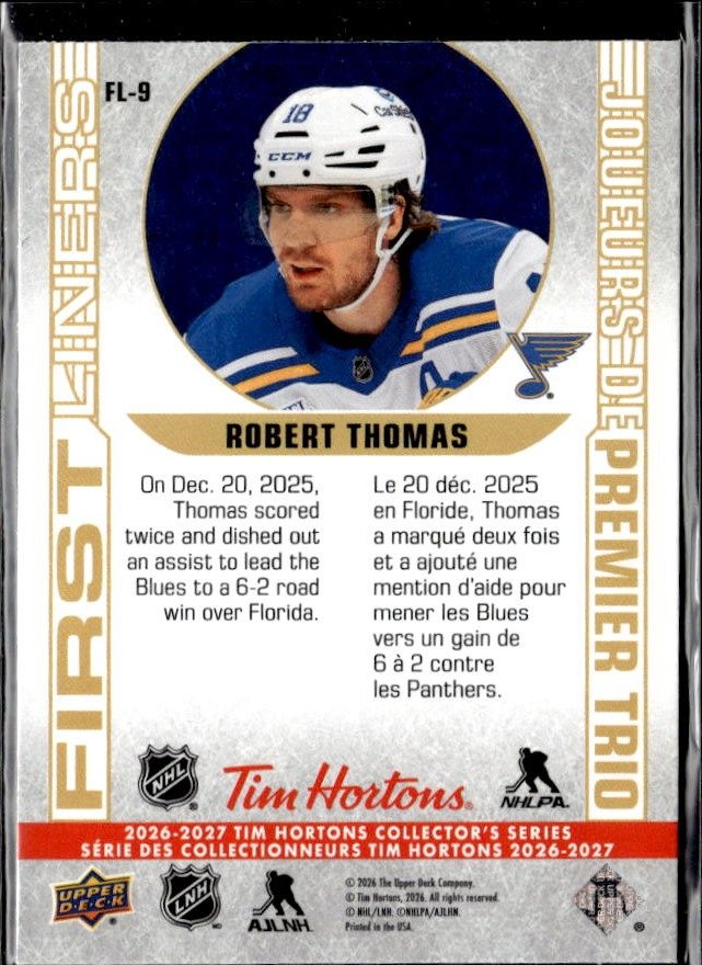 2026-27 UD Tim Hortons Collector's Series Hockey First Liners Robert Thomas (2)