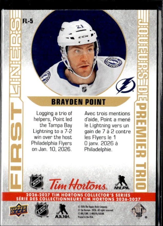 2026-27 UD Tim Hortons Collector's Series Hockey First Liners Brayden Point (2)