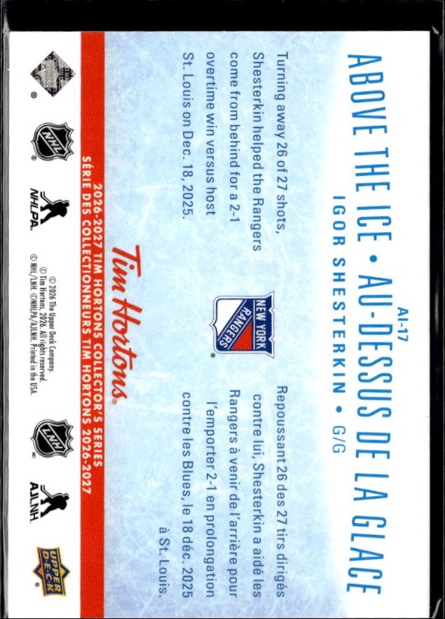 2025-26 Upper Deck Tim Hortons Hockey Above the Ice #AH-7 Igor Shesterkin (2)