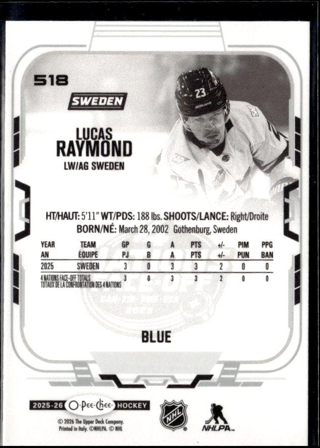 2025-26 O-Pee-Chee Hockey Nations Face-Off Blue #518 Lucas Raymond (2)