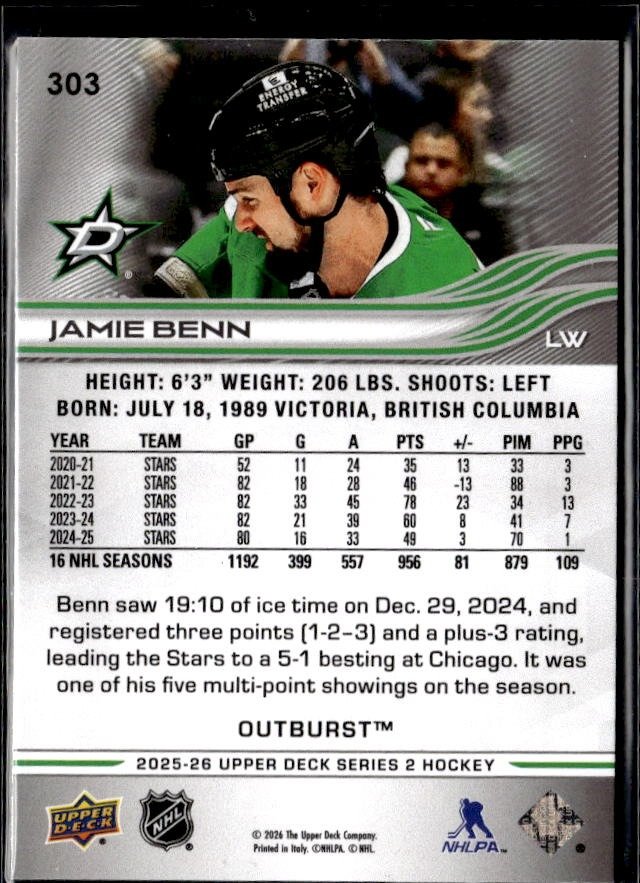 2025-26 Upper Deck Series 2 Hockey Outburst #303 Jamie Benn (2)