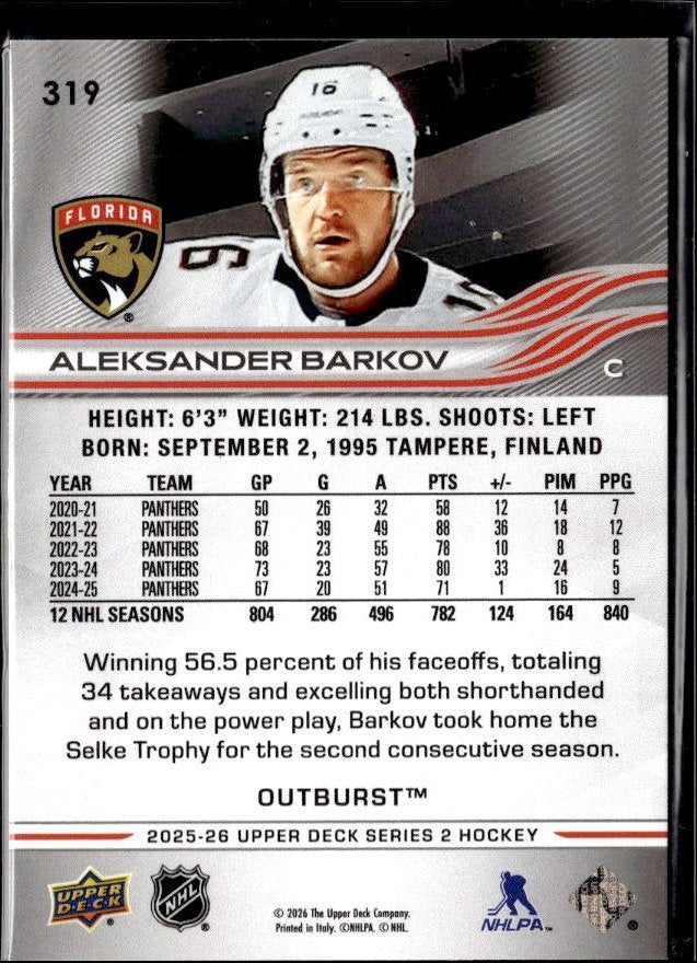 2025-26 Upper Deck Series 2 Hockey Outburst #319 Aleksander Barkov (2)