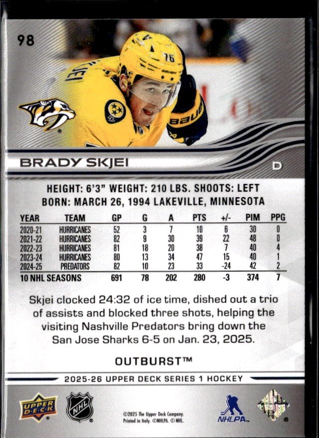 2025-26 Upper Deck Series 1 Hockey Outburst #98 Brady Skjei (2)