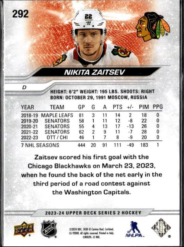 2023-24 Upper Deck Series 2 Hockey Silver Foil #292 Nikita Zaitsev (2)