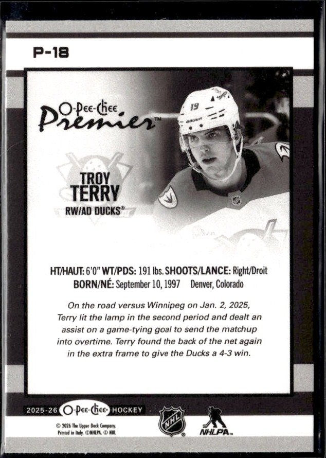 2025-26 O-Pee-Chee Premier Hockey #P-18 Troy Terry (2)