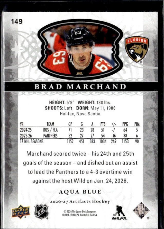 2026-27 Upper Deck Artifacts Hockey Artifact Stars Aqua Blue #149 Brad Marchand (2)