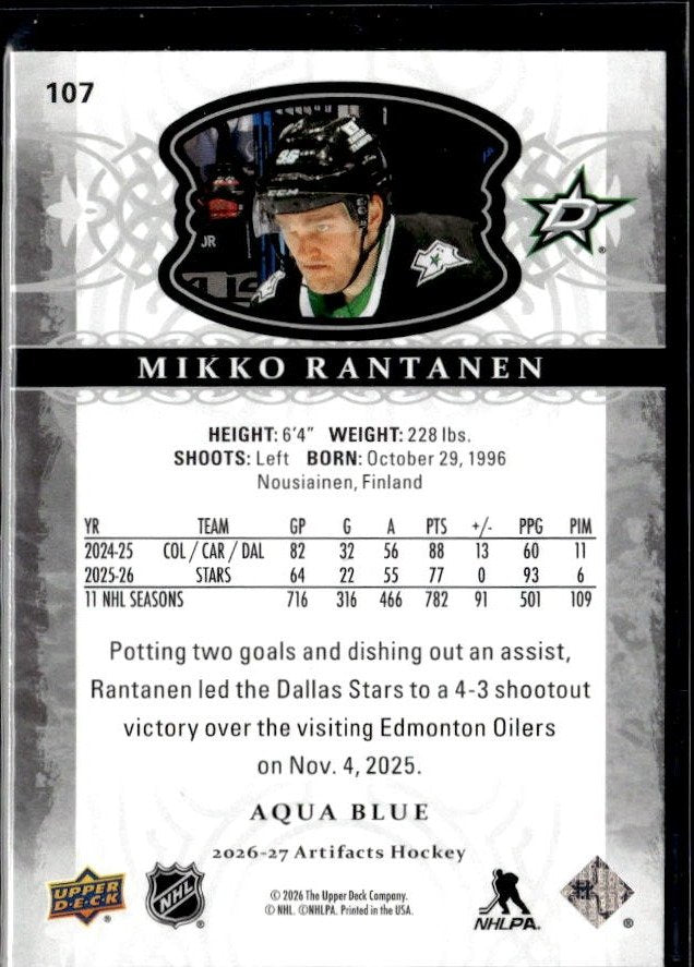 2026-27 Upper Deck Artifacts Hockey Stars Aqua Blue #107 Mikko Rantanen (2)