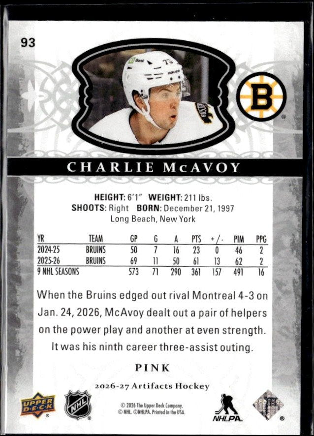 2026-27 Upper Deck Artifacts Hockey Pink #93 Charlie McAvoy /35 (2)