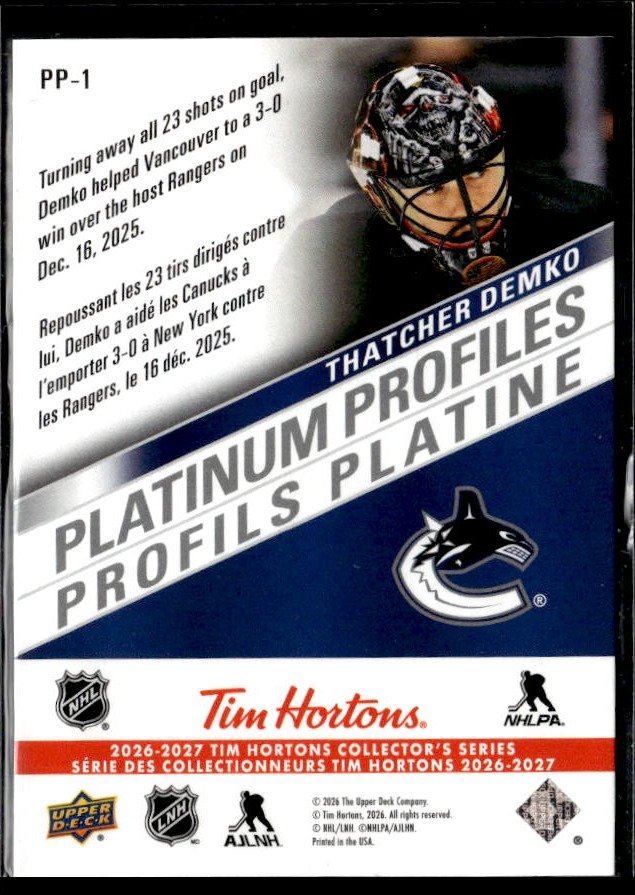 2026-27 UD Tim Hortons Collector's Series Platinum Profiles Thatcher Demko (2)