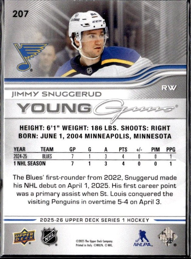 2025-26 Upper Deck Series 1 Hockey Young Guns Rookie #207 Jimmy Snuggerud RC (2)