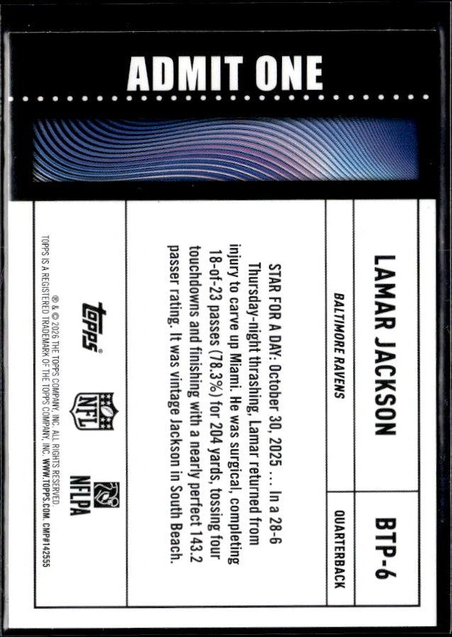2024 Topps Big Ticket Player Football Big Ticket Player #BTB-6 Lamar Jackson (2)